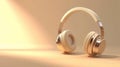 Golden headphones ,light background with copy space, sun is shining