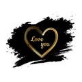 Golden heart on a black background. Stucco bone brush. Hand drawn heart brushes. Hand painted heart shape