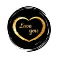 Golden heart on a black background. Stucco bone brush. Hand drawn heart brushes. Hand painted heart shape