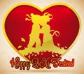 Golden Heart with Couple Silhouette Celebrating Qixi Festival, Vector Illustration Royalty Free Stock Photo