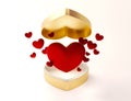 Golden heart open box with flying hearts for Valentines day or special day in love concept. Open gold gift box with a