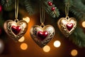 Golden heart-shaped Christmas ornaments hanging on a fir tree with blurred lights in the background Royalty Free Stock Photo