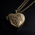Golden heart shaped decorative locket necklace on black background - generative ai