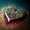 Golden heart sprinkled with colorful confetti. New Year\'s party and celebra