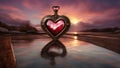 golden heart in water _A steampunk love background with a heart on water. The heart is a magical artifact