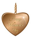 Golden heart for Womens Day. Gold pendant in the shape of a heart with an greeting inscription