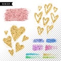 Golden hearts foil glitter brush stroke. Rose pink blue gold. Golden hearts set design. Social media networks beautiful
