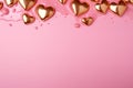 Golden hearts on pink backdrop, embodying warmth and elegance for romantic occasions or sophisticated greeting card
