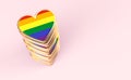 Golden hearts with rainbow flag inside stack or pile. Gay pride, LGBT, bisexual, homosexual symbol concept. Isolated on pastel