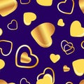 Golden hearts seamlees pattern on blue dark background