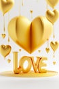 Golden hearts on white background with love text. Gold decorative design element for Valentine's Day, love card Royalty Free Stock Photo