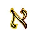 Golden Hebrew Alphabet. Brilliant Hebrew font. Letter gold Aleph. Vector illustration on isolated background..