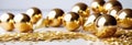 Golden helium balloons with metallic glitter , confetti on white background with space for text and design. Holidays