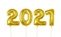 Golden helium balloons. 2021 number of gold foiled balloons isolated on white background