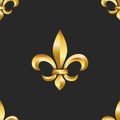 Golden heraldic lily 3d seamless pattern black background for fabric, gold gradient faceted fleur-de-lis symbol, fashion floral Royalty Free Stock Photo