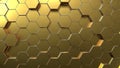 Golden hexagon honeycomb movement background. Gold abstract art and geometric concept. 3D illustration rendering