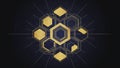 Golden hexagonal geometric mandala with radiating lines on a dark blue background Royalty Free Stock Photo