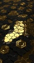 Golden hexagonal pattern illuminated by dramatic sunlight on a dark surface Royalty Free Stock Photo