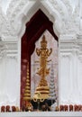 Golden Hindu god Trimurati statue be enshrined on altar. Trimurti is the trinity of supreme divinity in Hinduism.
