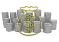 Golden hoard of money icon with coins on background