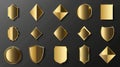Golden holographic stickers, labels. Isolated on transparent background with gold gradient texture. Modern realistic set Royalty Free Stock Photo