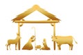 Golden holy family in stable with animals manger Royalty Free Stock Photo