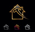 Golden Home and Hammer Outline Vector Sign