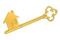 Golden home key with house silhouette, 3D rendering