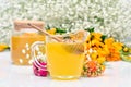 Golden honey and colorful flowers Royalty Free Stock Photo