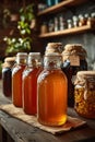 Golden Honey in Glass Bottles on Rustic Wooden Table Royalty Free Stock Photo