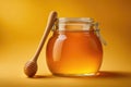 A golden honey jar, horizontal composition