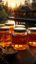 Golden honey jars grace wooden table in great outdoors a nature inspired tableau