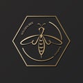 Golden honeybee. Vector icon, logo. Label and tag with bee in honeycomb. Design in linear style.