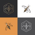 Golden honeybee. Vector icon, logo. Set. Label and tag with bee in honeycomb. Linear style.