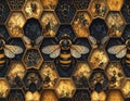 Golden Honeycomb Pattern with Bees and Nests Royalty Free Stock Photo