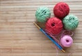 Golden hook for knitting and multicolored balls. Granny knitting. homemade crafts Royalty Free Stock Photo