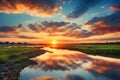 Golden Horizons: Beautiful Sunset Landscape with Reflection in Water, Greenery, Sky, and Clouds