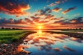 Golden Horizons: Beautiful Sunset Landscape with Reflection in Water, Greenery, Sky, and Clouds