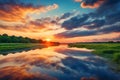 Golden Horizons: Beautiful Sunset Landscape with Reflection in Water, Greenery, Sky, and Clouds