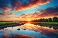 Golden Horizons: Beautiful Sunset Landscape with Reflection in Water, Greenery, Sky, and Clouds