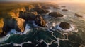 Golden Horizons: Captivating Aerial View of a Rocky, Rugged Coastline at Sunset