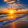 Golden Horizons: Majestic Sunrise or Sunset over the Ocean with Pelicans in Flight