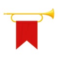 Golden horn trumpet musical instrument isolated on white background. Royal fanfare with triumphant flag for play music Royalty Free Stock Photo