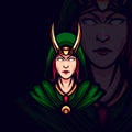 Golden horned green hooded lady witch gaming avatar vector mascot