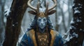 Golden Horned Man In Snowy Forest: Hyperrealistic Wildlife Portrait