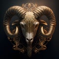 Golden horned ram head on dark background. 3d illustration.