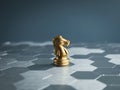 The golden horse, knight chess piece standing alone on silver hexagon pattern board and blue background. Royalty Free Stock Photo