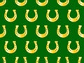 Golden horseshoes on green background seamless pattern. Good luck symbol. Festive design for St. Patrick\'s Day