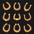 Golden horseshoes vector collection in flat style. lucky St. Patrick`s day symbol.