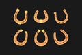 Golden horseshoes vector collection in flat style. lucky St. Patrick`s day symbol.